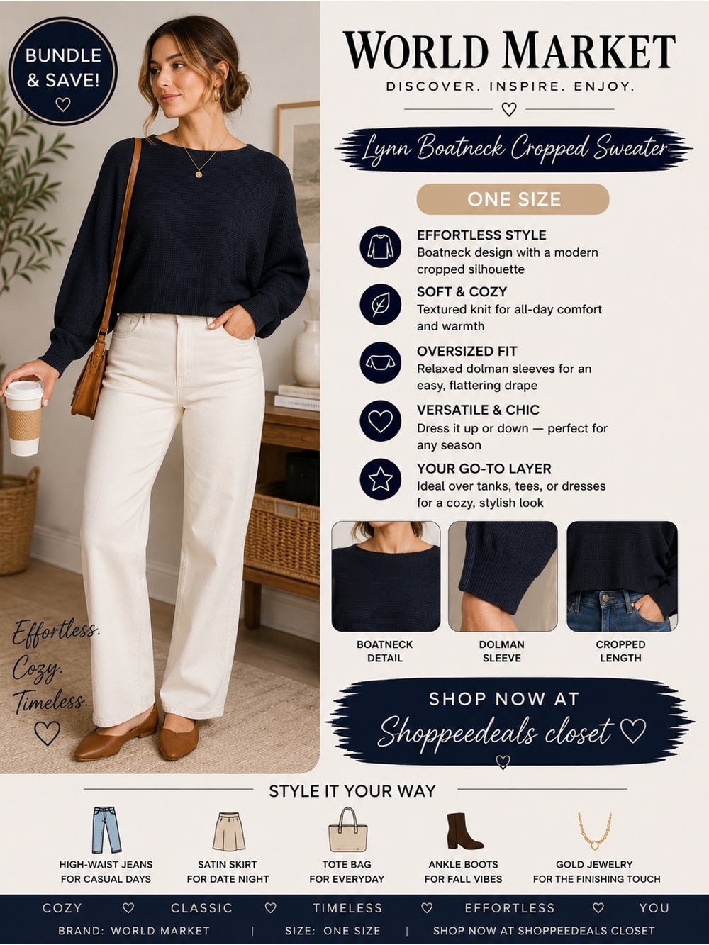 Lynn Dark Navy Boatneck Cropped Sweater | Oversized Dolman Sleeve Knit